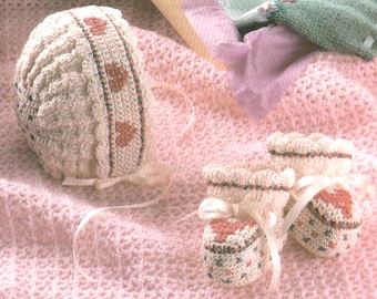 Baby Bonnet Crochet Pattern~Booties too!  Preemie to 15 lb Baby Love Hearts~Heart~Make Sweet Bonnet~Booties e-pattern PDF Instant Download