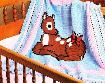 Adorable bébé cerf motif CROCHET d&#39;AFGHAN, couverture pour bébé BAMBI 36 x 40 po. lorsque vous avez terminé - modèle électronique à téléchargement immédiat P D F