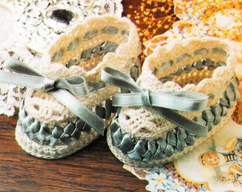 BABY BOOTIES Crochet Pattern with Woven Ribbon Trim~Newborn Size~Great GIFTS  e Pattern Instant Download