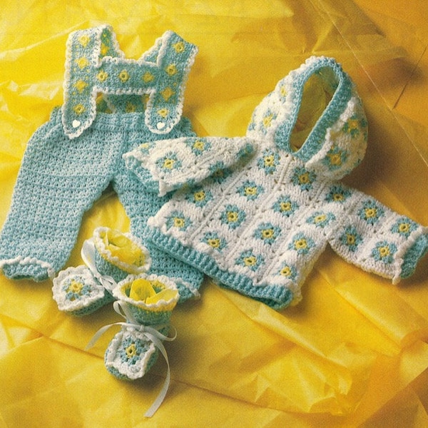 Easy Baby Layette Set CROCHET PATTERN Romper~Hoodie Hooded Jacket~Booties 6 months-1 year Quick Take-along  e-pattern  Instant DOWNLOAD