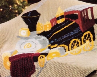 Coperta con motivo afgano con locomotiva ferroviaria in formato PDF, download immediato, modello elettronico