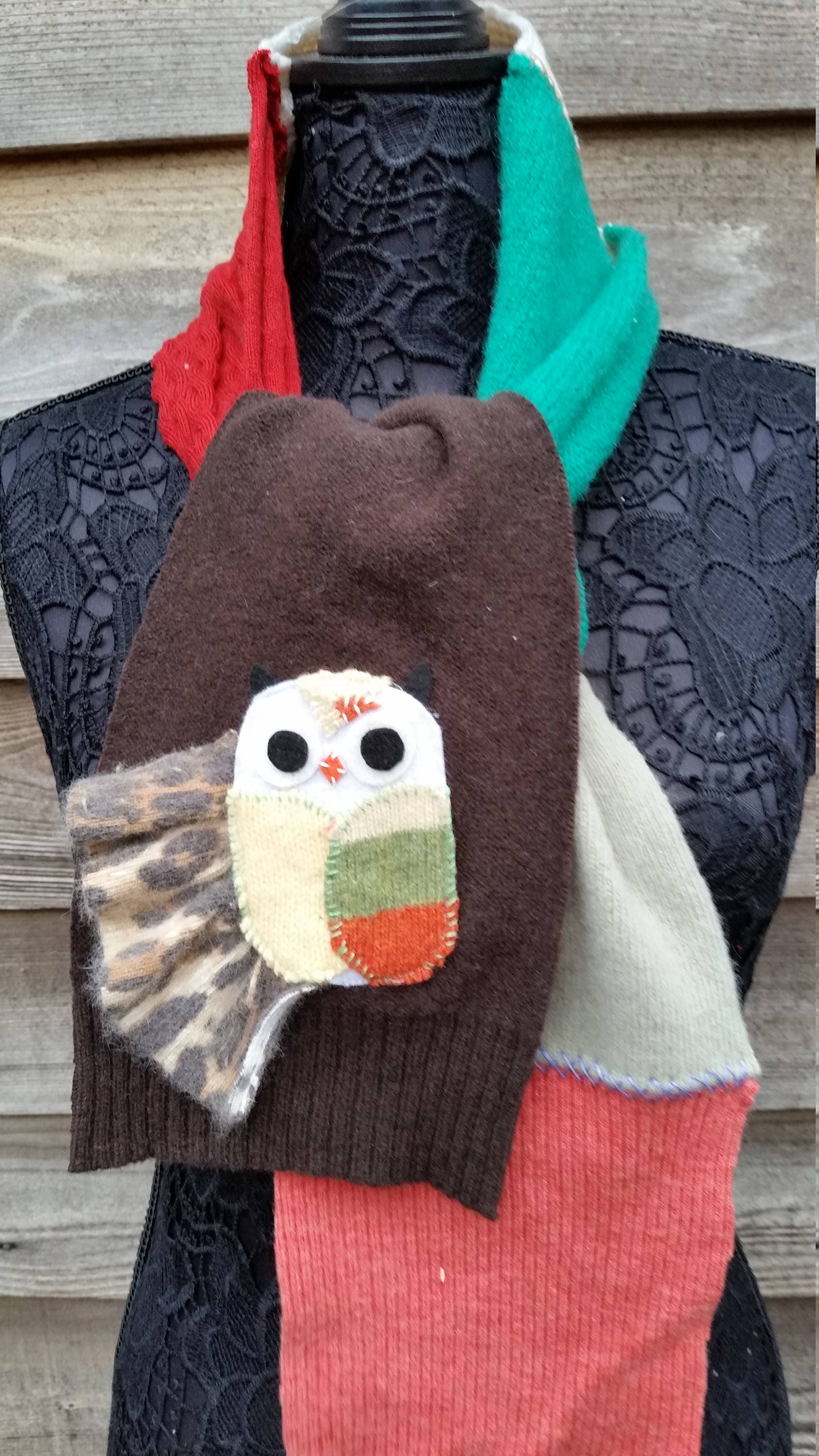 Colorblock Owl & Leopard Print Repurposed Sweater Scarf Up-cycled Repurposed