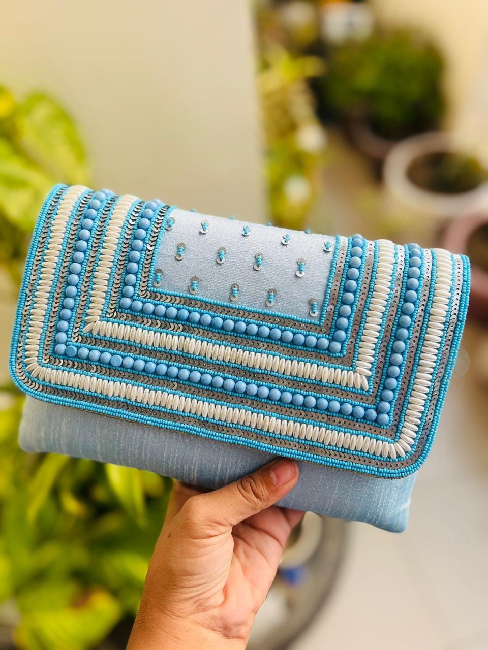 Beaded Silk Flap Clutch: Party Evening Bag with Chain