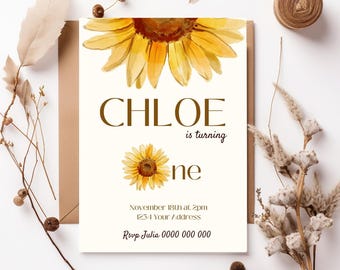 Big Sunflower 1st Birthday Invitation Template