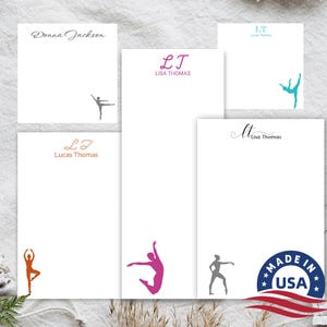 May include: Set of five personalized notepads with different colored dancer silhouettes and names. The notepads are white with black text and are made in the USA.