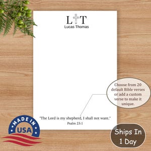 May include: Personalized stationery with a cross and the initials "L+T" for Lucas Thomas. The text "The Lord is my shepherd, I shall not want." is printed below the initials, along with the verse reference "Psalm 23:1".