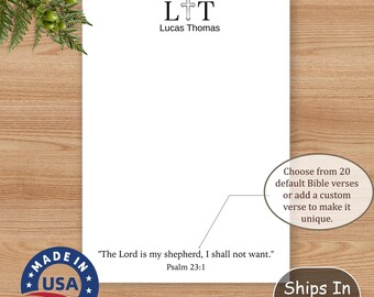May include: Personalized stationery with a cross and the initials "L+T" for Lucas Thomas. The text "The Lord is my shepherd, I shall not want." is printed below the initials, along with the verse reference "Psalm 23:1".