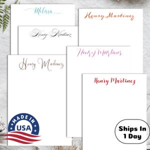May include: Five white notepads with different names written in cursive on each. The names are Melissa, Henry Martinez, Henry Martinez, Henry Martinez, and Henry Martinez. The notepads have a red, white, and blue "Made in USA" sticker on the bottom left corner. The bottom right corner of the notepad has a black circle with the text "Ships In 1 Day".