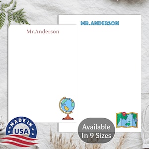 May include: Personalized stationery with a globe and map design. The stationery is available in 9 sizes. The text "Mr. Anderson" is printed at the top of the stationery.