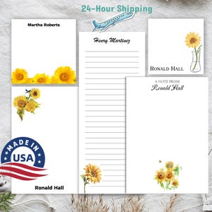 May include: A collection of white notepads and stationery featuring sunflower illustrations. Some pads have lined pages, while others are blank. The text includes names like "Martha Roberts," "Henry Martinez," and "Ronald Hall."