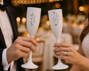 Personalized Champagne Flutes – Custom Wedding Toasting Glasses, Bride & Groom Gift, Bridal Shower, Anniversary Shatterproof Flutes
