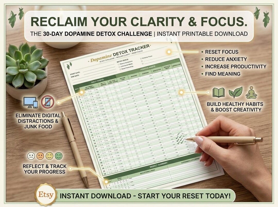 Printable Dopamine Detox Tracker 30 Day Challenge - Etsy