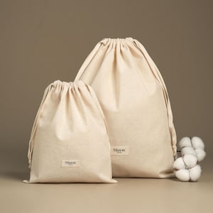 50pcs Beige Cotton Drawstring Bag Custom Logo, printed on label, Dust Bags for jewellery packaging, Clothes,handbag, label Bag HBM-301