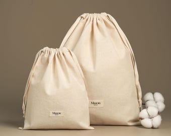 50pcs Beige Cotton Drawstring Bag Custom Logo, printed on label, Dust Bags for jewellery packaging, Clothes,handbag, label Bag HBM-301