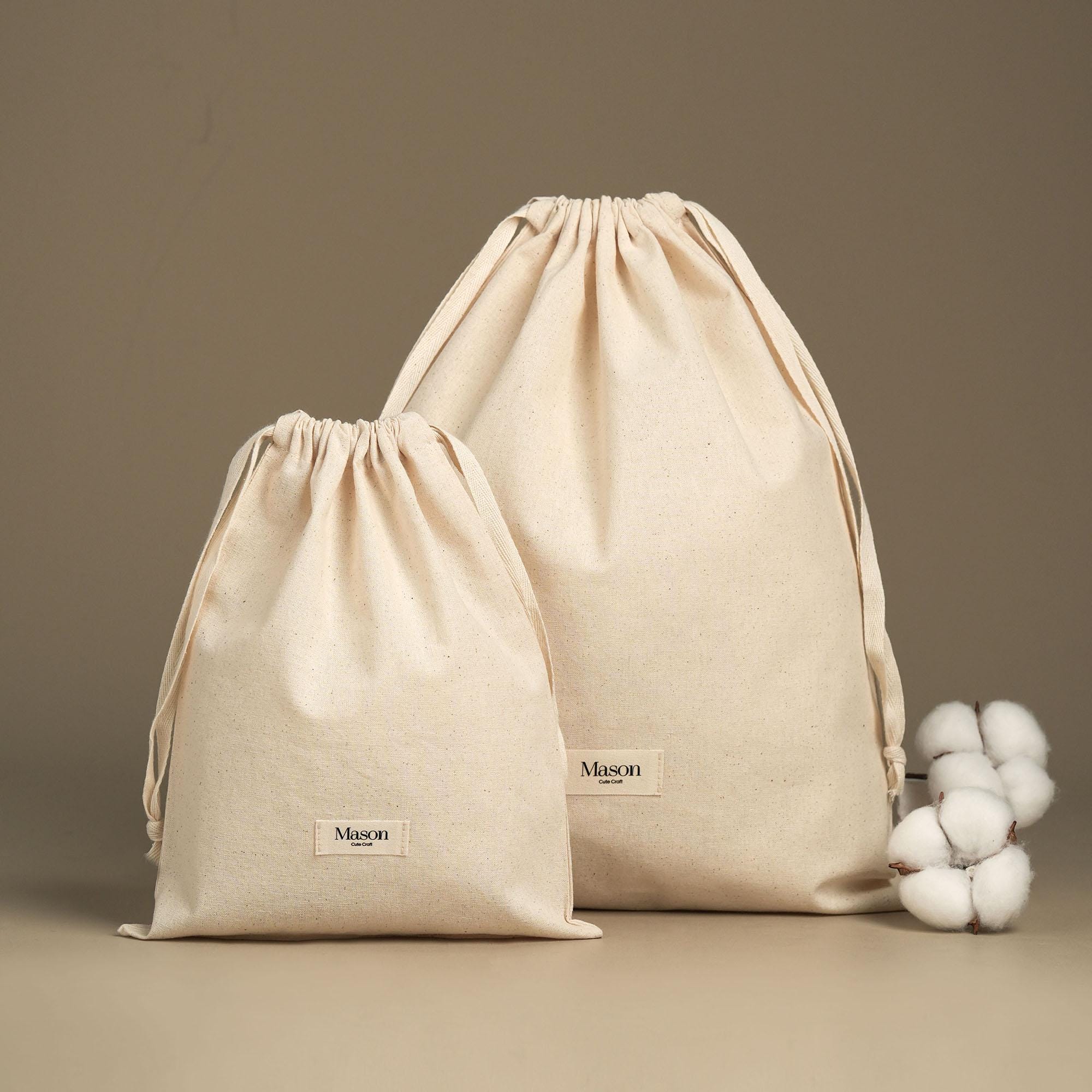 50pcs Beige Cotton Drawstring Bag Custom Logo, printed on label, Dust Bags for jewellery packaging, Clothes,handbag, label Bag HBM-301