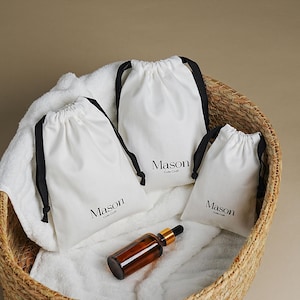 50 White Cotton Herringbone Twill Drawstring Pouch - Custom Logo