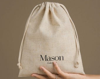 50pcs Custom Logo Bamboo Linen Drawstring Bags: Jewelry, Cosmetic,Clothes Storage, LIN-201
