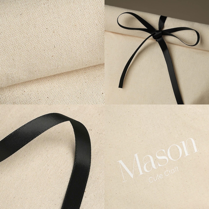 May include: A close-up of a natural canvas fabric with a black satin ribbon tied in a bow. The fabric has a subtle texture and the ribbon is smooth and shiny. The text "Mason Cute Craft" is printed in white on the fabric.