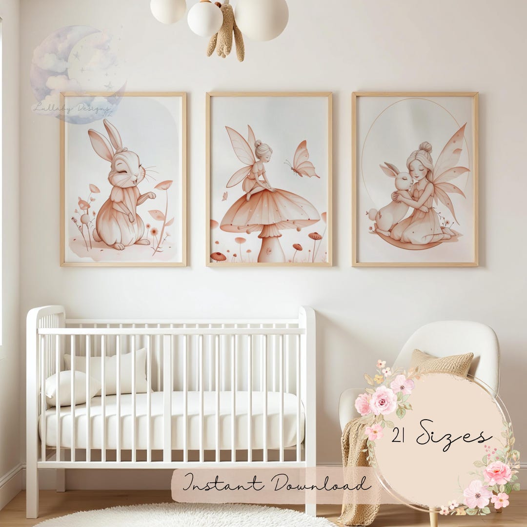 Triptych Fantasy Fairy Nursery Wall Art, Mushroom Nursery Digital ...