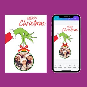 The Grinch-kerstkaart, familiekerstkaart, Grinch-sjabloon, digitale sjabloon, bewerkbare sjabloon, digitale kerstkaart, afdrukbaar