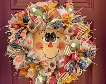 Scarecrow Face Wreath for Front Door, Fall Porch Decoration, Indoor or Outdoor Autumn Decor, Thanksgiving Wreath, Farmhouse Door Hanger