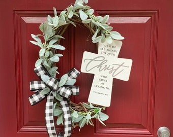 Indoor or Outdoor Religious Wreath for Front Door, Lambs Ear Wall Decor, Thin Wreath for Screen Door, Front Porch Decoration