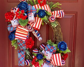 4th of July Independence Day Patriotic Floral Grapevine Wreath for Front Door, Fourth of July Porch Decoration, Memorial Day Labor Day Decor