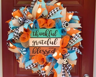 Fall Wreath for Front Door, Autumn Decoration, Front Porch Decor, Thanksgiving Wreath, Rustic Thankful Wreath, Thankful Grateful Blessed