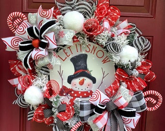 Let It Snow Winter Wreath for Front Door, Snowman Decor for Front Porch, Holiday Front Porch Decoration