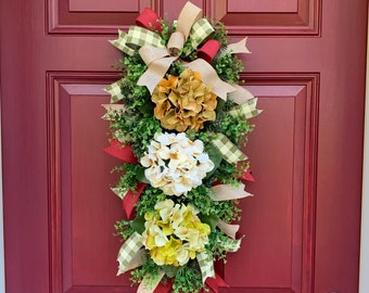 Hydrangea Wreath Swag for Front Door, Everyday Country Swag Floral Wall Decor, Harvest Fall Double Door Decoration