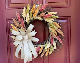 Fall Farmhouse Astilbe Wreath for Front Door, Screen Door or In Between Door Wreath, Autumn Porch Decoration, Thanksgiving Harvest Decor