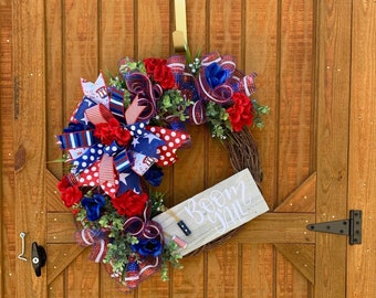 4th of July Independence Day Patriotic Floral Grapevine Wreath for Front Door, Fourth of July Porch Decoration, Memorial Day Labor Day Decor