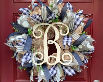 Personalized Everyday Farmhouse Wreath with Monogram for Front Door, Boxwood Greenery Decor, Initial Greenery Wreath, Burlap Year Round