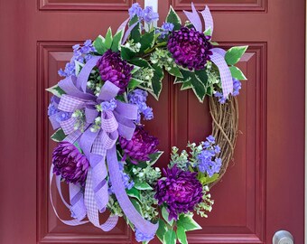 Everyday Lavender and Purple Floral Wreath for Front Door, Monogram Storm Door Wreath, Double Door Spring Summer Decor, Mother's Day Gift