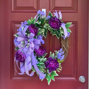 Everyday Lavender and Purple Floral Wreath for Front Door, Monogram Storm Door Wreath, Double Door Spring Summer Decor, Mother's Day Gift image 1