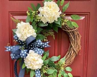 Hydrangea Wreath, Farmhouse Decor, Spring Wreath, Summer Wreath, Front Door Wreath, Year Round Wreath, Greenery Wreath, Personalized Wreath