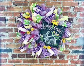 Easter Wreath for Front Door, Spring Wreath, Happy Easter Wreath, Bunny Door Decor, Easter Decor, Tulip Decor, Spring Theme