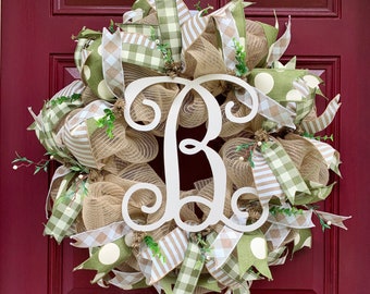 Personalized Everyday Farmhouse Wreath with Monogram for Front Door, Boxwood Greenery Decor, Initial Greenery Wreath, Burlap Year Round