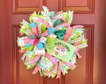 Camper Wreath for Front Door, RV Decor, Glamping Decoration, Summer or Everyday Wreath for Screen Door, Happy Camper