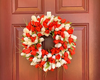 Red and White Tulip Wreath for Spring or Summer, Wedding Decor, Valentine's Day Wreath for Front Door, Nursing Home Room Door Hanger