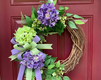 Hydrangea Wreath for Front Door, Farmhouse Decor, Spring or Summer Wreath, Year Round Wreath, Greenery Wreath, Personalized Wreath,