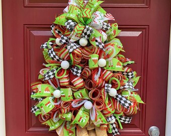 Christmas Tree Wreath Front Door Decor, Storm Door Holiday Decoration, Whimsical Decor, Christmas Tree Door Hanger