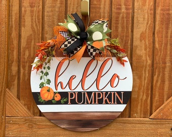 Fall Pumpkin Door Hanger for Front Door, Hello Pumpkin Porch Decor, Dining Room entryway mantel wall decoration, Double Door Decoration