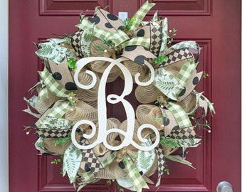 Personalized Everyday Farmhouse Wreath with Monogram for Front Door, Boxwood Greenery Decor, Initial Greenery Wreath, Burlap Year Round