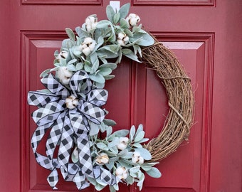 Lambs Ear and Cotton Wreath for Front Door, Farmhouse Decor, Rustic Wreath, Buffalo Check Decor, Fixer Upper Decor, Greenery Wreath