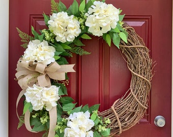 XL Hydrangea Wreath for Front Door, Farmhouse Decor, Spring or Summer Wreath, Year Round Wreath, Greenery Wreath, Personalized Wreath