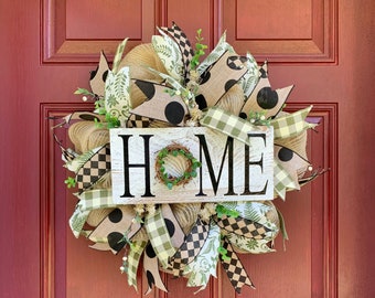 Home Wreath for Front Door, Burlap Wreath, Everyday Farmhouse Decor, Greenery Wreath, Year Round Wreath, Home Sign with Grapevine Greenery