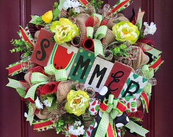 Watermelon Wreath for Front Door, Floral Summer Wreath, Watermelon Decor, Spring Decor, Summertime Wreath, Watermelon Slice