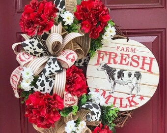 Farmhouse Wreath for Front Door, Farmhouse Decor, Rustic Wreath, Cow Wreath, Grapevine Wreath, Everyday Wreath for Front Door, Cow Theme