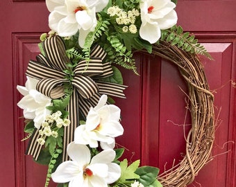 Farmhouse Magnolia Wreath for Front Door, Farmhouse Decor, Rustic Wreath, Magnolia Wreath, Grapevine Wreath, Everyday Wreath for Front Door